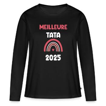 2025 Tata Beste Schwangerschaftswerbung - Frauen Premium Bio Langarmshirt - Schwarz - Vorne - Julia (174cm)