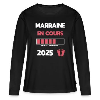 marraine en cours 2025 annonce grossesse - T-shirt manches longues Premium bio Femme - noir - Devant - Julia (174cm)