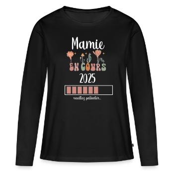 mamie 2025 en cours fleurs annonce grossesse - T-shirt manches longues Premium bio Femme - noir - Devant - Julia (174cm)