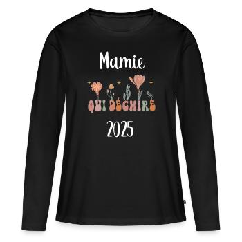 mamie 2025 qui déchire fleurs annonce grossesse - T-shirt manches longues Premium bio Femme - noir - Devant - Julia (174cm)