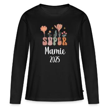 mamie 2025 super fleurs annonce grossesse - T-shirt manches longues Premium bio Femme - noir - Devant - Julia (174cm)