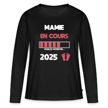 mamie en cours 2025 annonce grossesse - T-shirt manches longues Premium bio Femme - noir - Devant - Julia (174cm)
