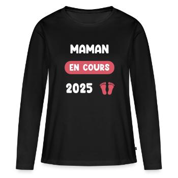 en cours 2025 maman annonce grossesse - T-shirt manches longues Premium bio Femme - noir - Devant - Julia (174cm)