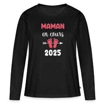 en cours maman 2025 annonce grossesse - T-shirt manches longues Premium bio Femme - noir - Devant - Julia (174cm)