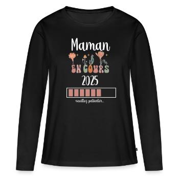 maman 2025 en cours fleurs annonce grossesse - T-shirt manches longues Premium bio Femme - noir - Devant - Julia (174cm)