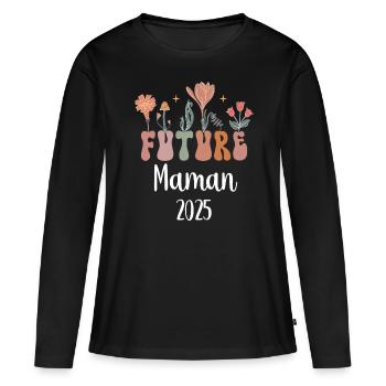 maman 2025 future fleurs annonce grossesse - T-shirt manches longues Premium bio Femme - noir - Devant - Julia (174cm)