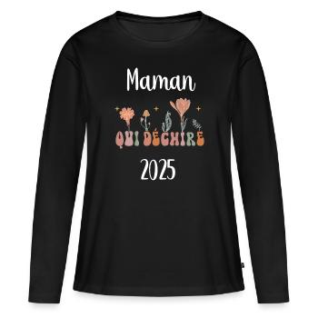 maman 2025 qui déchire fleurs annonce grossesse - T-shirt manches longues Premium bio Femme - noir - Devant - Julia (174cm)