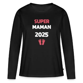 maman super 2025 annonce grossesse - T-shirt manches longues Premium bio Femme - noir - Devant - Julia (174cm)