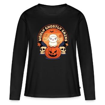 Sourires fantomatiques laineux - Moutons et spectres effrayants - T-shirt manches longues Premium bio Femme - noir - Devant - Julia (174cm)