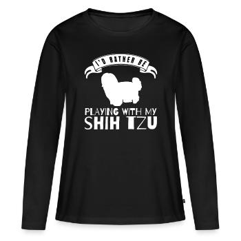 shih tzu Ich würde eher mit meinem Shih spielen - Frauen Premium Bio Langarmshirt - Schwarz - Vorne - Julia (174cm)
