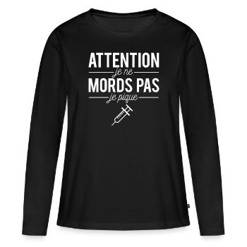 Je ne mords pas je pique humour infirmière - T-shirt manches longues Premium bio Femme - noir - Devant - Julia (174cm)
