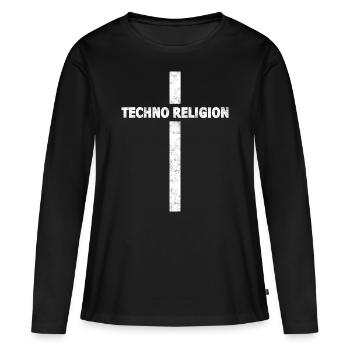 Techno - Musique techno - Religion techno avec croix - T-shirt manches longues Premium bio Femme - noir - Devant - Julia (174cm)