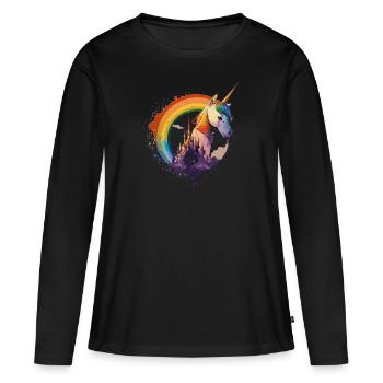Licorne dans l’arc-en-ciel avec cadenas - T-shirt manches longues Premium bio Femme - noir - Devant - Julia (174cm)