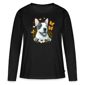 Joyeux bull terrier avec des fleurs - T-shirt manches longues Premium bio Femme - noir - Devant - Julia (174cm)