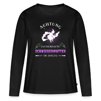 Schwiegermutter Hexe am Besen mit Katze im Anflug - Frauen Premium Bio Langarmshirt - Schwarz - Vorne - Julia (174cm)