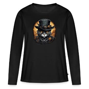 Chat steampunk - T-shirt manches longues Premium bio Femme - noir - Devant - Julia (174cm)