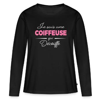 Une coiffeuse qui décoiffe humour coiffure - T-shirt manches longues Premium bio Femme - noir - Devant - Julia (174cm)