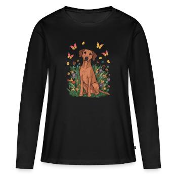 Dessin animé Lion Chien avec Fleurs et Papillons - T-shirt manches longues Premium bio Femme - noir - Devant - Julia (174cm)