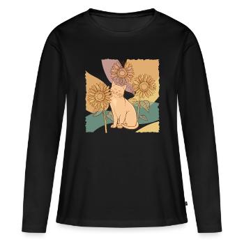 Sunflower Cat - Floral Line Art - Women's Premium Organic Long Sleeve Shirt - black - Front - Julia (174cm)