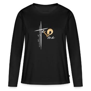 Christliches Design - Er liebt mich bedingungslos - Frauen Premium Bio Langarmshirt - Schwarz - Vorne - Julia (174cm)