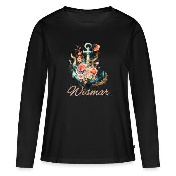 Ancre Wismar avec fleurs - T-shirt manches longues Premium bio Femme - noir - Devant - Julia (174cm)