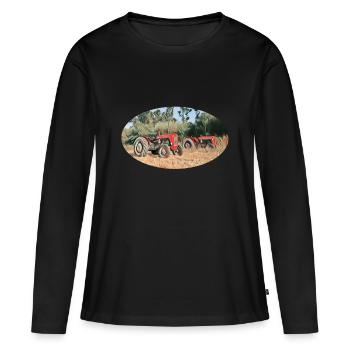 Rote Traktoren im Feld - Frauen Premium Bio Langarmshirt - Schwarz - Vorne - Julia (174cm)