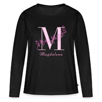 MAGDALENA Namensshirt Blumen Buchstabe Damen - Frauen Premium Bio Langarmshirt - Schwarz - Vorne - Julia (174cm)