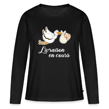 Livraison en cours cigogne grossesse - T-shirt manches longues Premium bio Femme - noir - Devant - Julia (174cm)