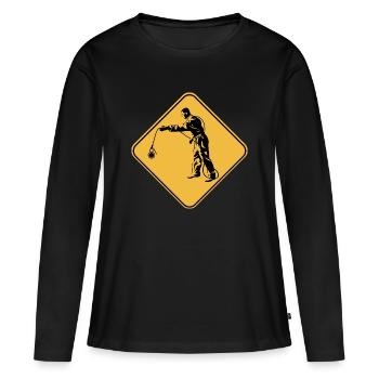Panneau attention pêche à l'aimant idée cadeau - T-shirt manches longues Premium bio Femme - noir - Devant - Julia (174cm)