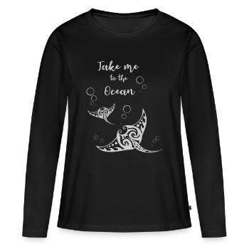 Slogan « Emmenez-moi à l’océan » avec deux mantas - T-shirt manches longues Premium bio Femme - noir - Devant - Julia (174cm)