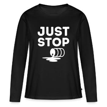 just stop oil, écologie, pétrole - T-shirt manches longues Premium bio Femme - noir - Devant - Julia (174cm)