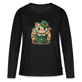 Chat dans le pot de fleurs Fête de la Saint-Patrick - T-shirt manches longues Premium bio Femme - noir - Devant - Julia (174cm)