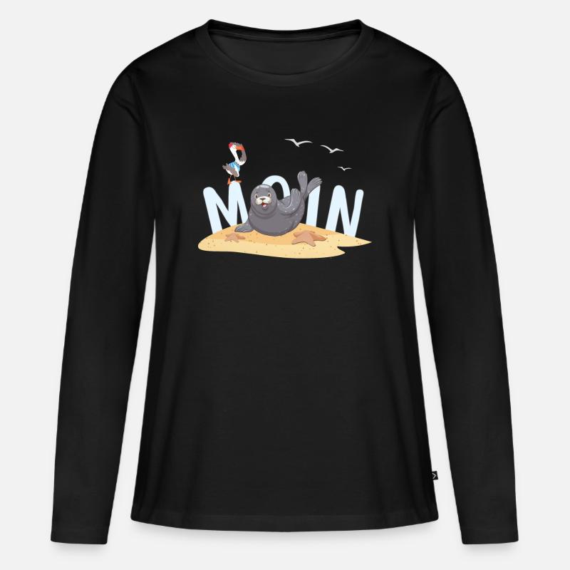 Moin Robbe Möwe Strand - Frauen Premium Bio Langarmshirt - Schwarz