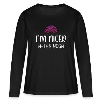 Je suis plus gentil après le yoga - T-shirt manches longues Premium bio Femme - noir - Devant - Julia (174cm)