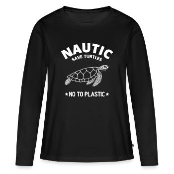 tortue, turtle, non au plastique - T-shirt manches longues Premium bio Femme - noir - Devant - Julia (174cm)