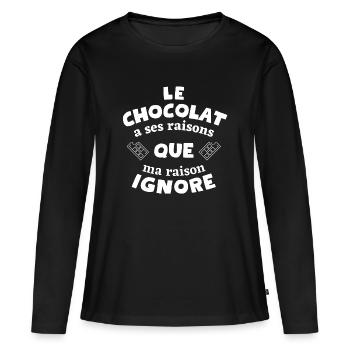 chocolat, fan de chocolat, j'aime le chocolat - T-shirt manches longues Premium bio Femme - noir - Devant - Julia (174cm)