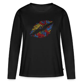 Kiss Kiss Kuss Bisou Beso Word Cloud T-Shirt - T-shirt manches longues Premium bio Femme - noir - Devant - Julia (174cm)