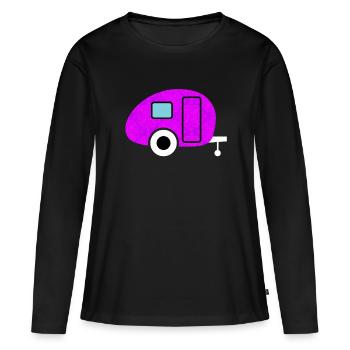 Caravan Wohnwagen Camping Camper Tapete pink Retro - Frauen Premium Bio Langarmshirt - Schwarz - Vorne - Julia (174cm)