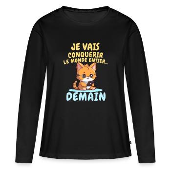Chat ambitieux demain conquérir le monde - T-shirt manches longues Premium bio Femme - noir - Devant - Julia (174cm)