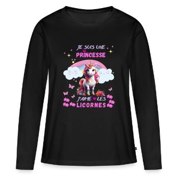 Je suis une princesse j'aime les licornes - T-shirt manches longues Premium bio Femme - noir - Devant - Julia (174cm)