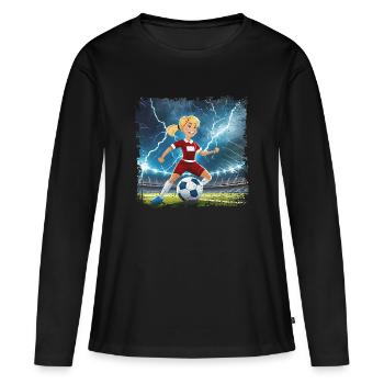 Fussballerin Comicfigur Stadion mit Blitzen - Frauen Premium Bio Langarmshirt - Schwarz - Vorne - Julia (174cm)