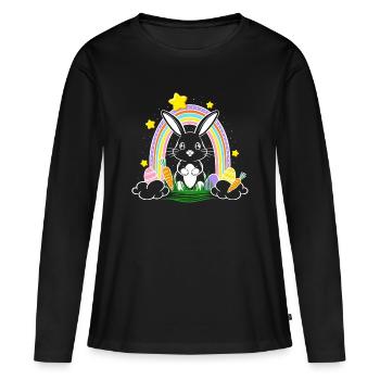 Lapin de Pâques avec arc-en-ciel et œufs de Pâques - T-shirt manches longues Premium bio Femme - noir - Devant - Julia (174cm)