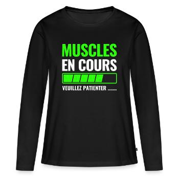 Muskeln im Gange bitte warten - Frauen Premium Bio Langarmshirt - Schwarz - Vorne - Julia (174cm)