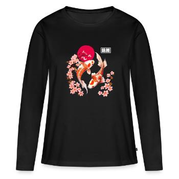 Koi und Kirschblüten im roten Mond - Frauen Premium Bio Langarmshirt - Schwarz - Vorne - Julia (174cm)