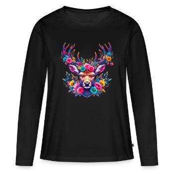 Cerf décoré de fleurs - T-shirt manches longues Premium bio Femme - noir - Devant - Julia (174cm)