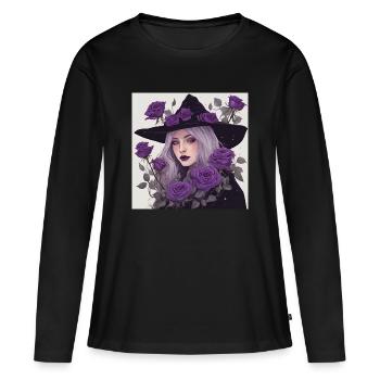 Mystische Hexe mit violetten Rosen - Frauen Premium Bio Langarmshirt - Schwarz - Vorne - Julia (174cm)
