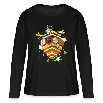 Ruche envahie par les abeilles et les pommiers en fleurs - T-shirt manches longues Premium bio Femme - noir - Devant - Julia (174cm)