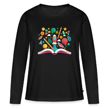Offenes Buch mit Schulobjekten, Lernen und Pädagogik - Frauen Premium Bio Langarmshirt - Schwarz - Vorne - Julia (174cm)