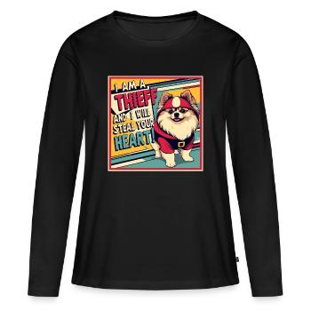 Chien de Poméranie « Je suis un voleur » - T-shirt manches longues Premium bio Femme - noir - Devant - Julia (174cm)