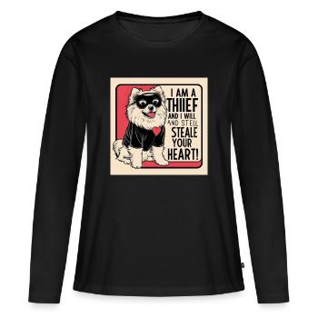 Chien de Poméranie « Je suis un voleur » - T-shirt manches longues Premium bio Femme - noir - Devant - Julia (174cm)